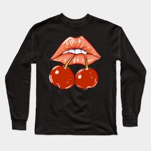 Vintage Cherry Lips Pattern Long Sleeve T-Shirt